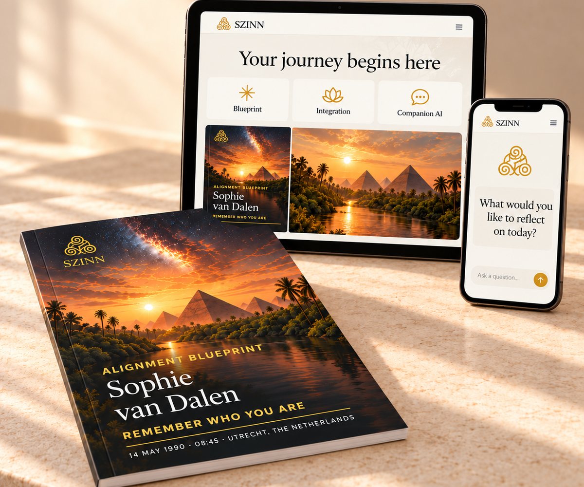 The SZINN Alignment Blueprint as a printed book, with tablet and phone