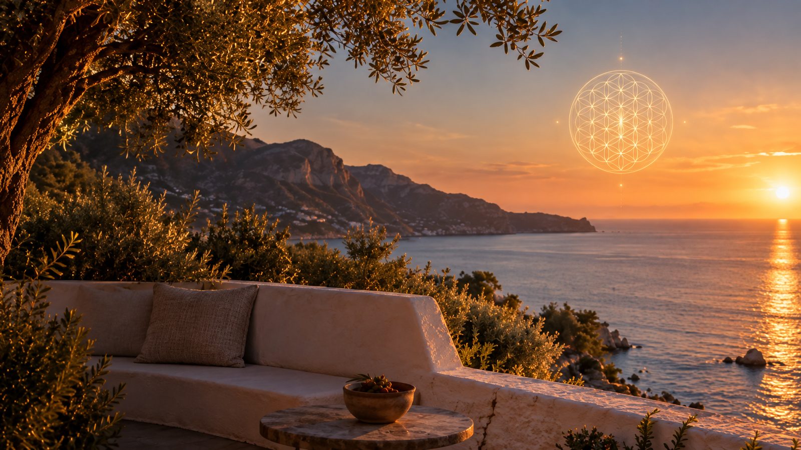 A stone terrace under an olive tree looking out over the sea at sunset