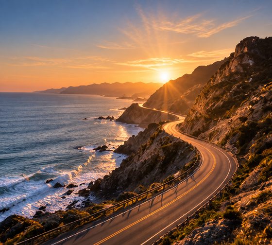 A coastal road winding along the sea at sunset